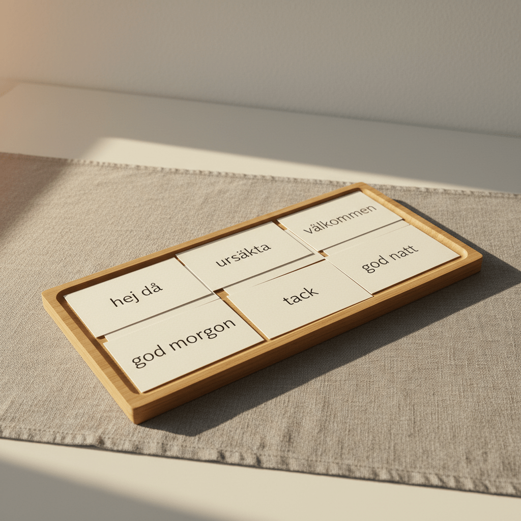 Neatly arranged flashcards, each card made of thick, cream-colored cardstock with minimalist black Swedish words: "hej", "hej då", "ursäkta", "välkommen", "tack", "god morgon", "god natt", displayed on a slender wooden tray atop a softly textured, pebble-gray fabric table runner. The environment is a serene, light-filled workspace with a soft matte white wall as a backdrop. The lighting comes from warm, indirect afternoon sun, casting faint, precise shadows. The image is captured from a slightly elevated angle.